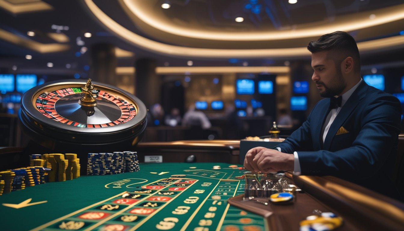 Pemain mengamati roda roulette bercahaya di meja kasino modern sementara dealer bersiap memutar roda.