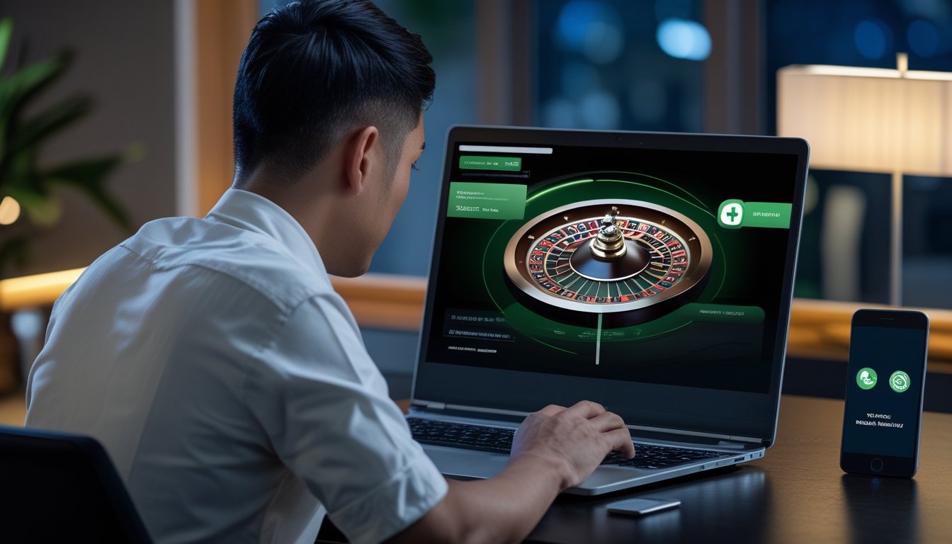 Pengguna Indonesia mengakses platform roulette digital yang aman melalui laptop dan ponsel di ruang kerja modern.