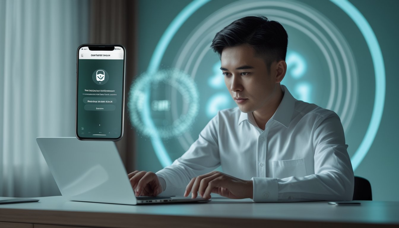 Pengguna Indonesia memverifikasi akses akun yang aman melalui laptop dan ponsel di meja kerja.