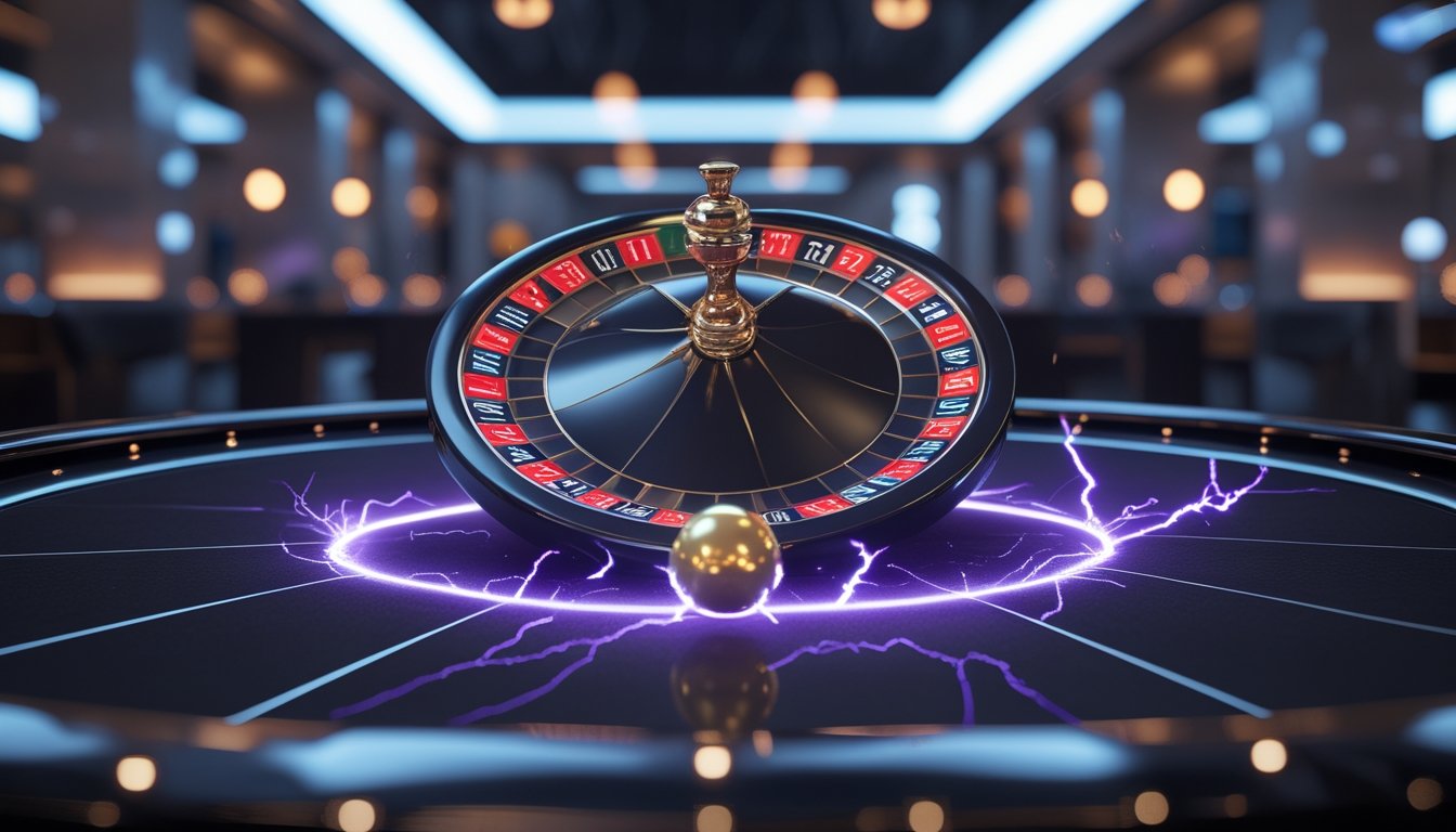 Roda roulette elegan dengan bola emas dan kilatan cahaya biru-ungu di suasana kasino modern.