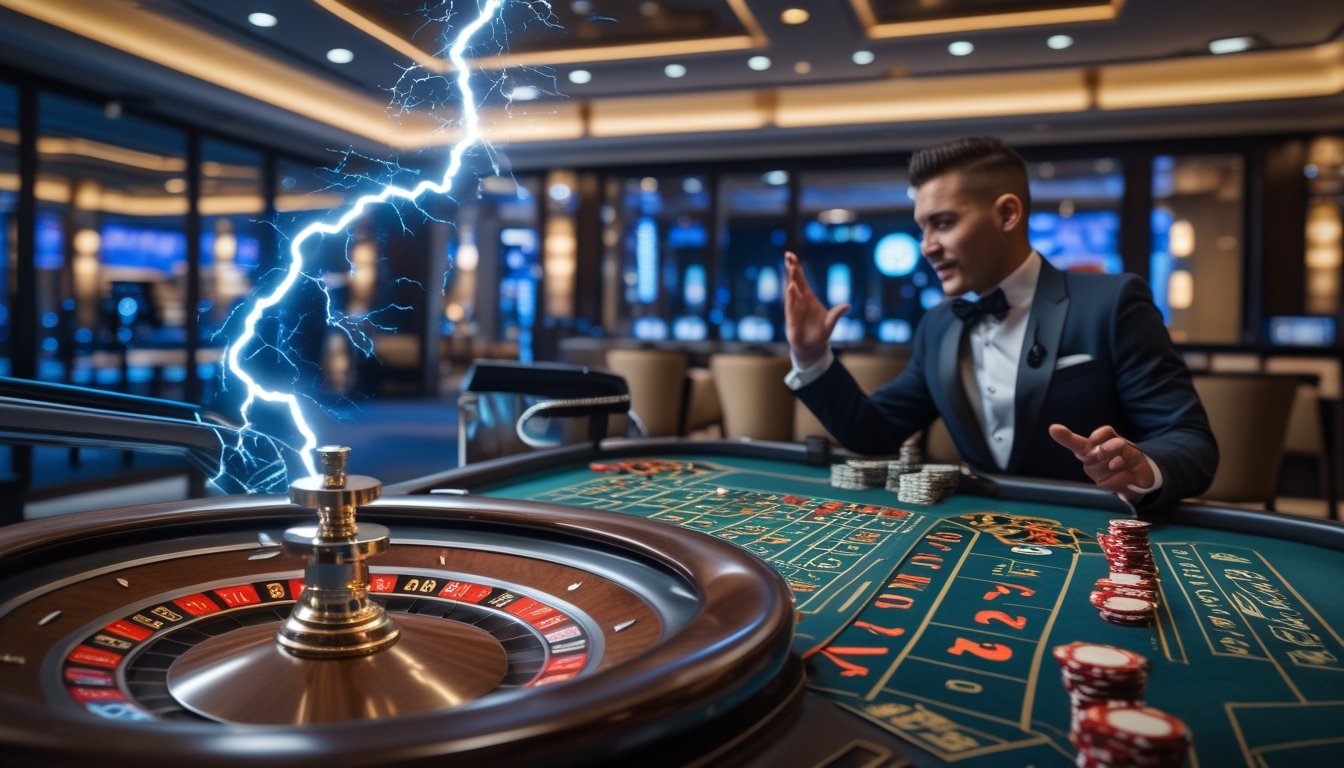Pemain dan croupier berada di meja roulette dengan efek sambaran petir biru di atas roda permainan.