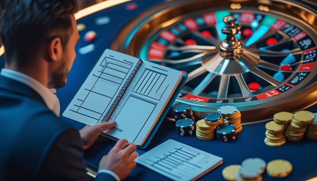 Seorang pemain dewasa mengatur tumpukan chip dan mencatat rencana anggaran di meja Lightning Roulette.