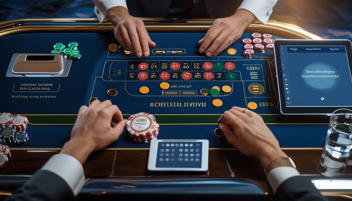 Tangan pemain menata chip roulette dalam beberapa kelompok kecil di meja kasino modern.