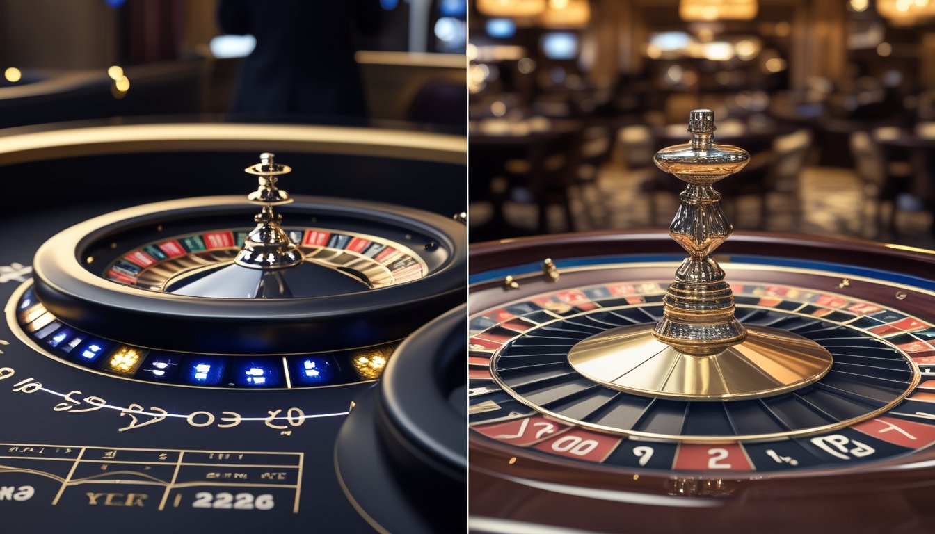 Meja roulette modern dengan pencahayaan biru dibandingkan dengan meja roulette klasik bernuansa hangat di kasino elegan.