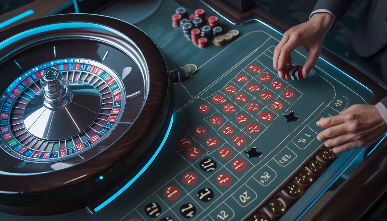Meja roulette modern dengan roda bercahaya biru dan susunan chip di samping tata letak roulette klasik.