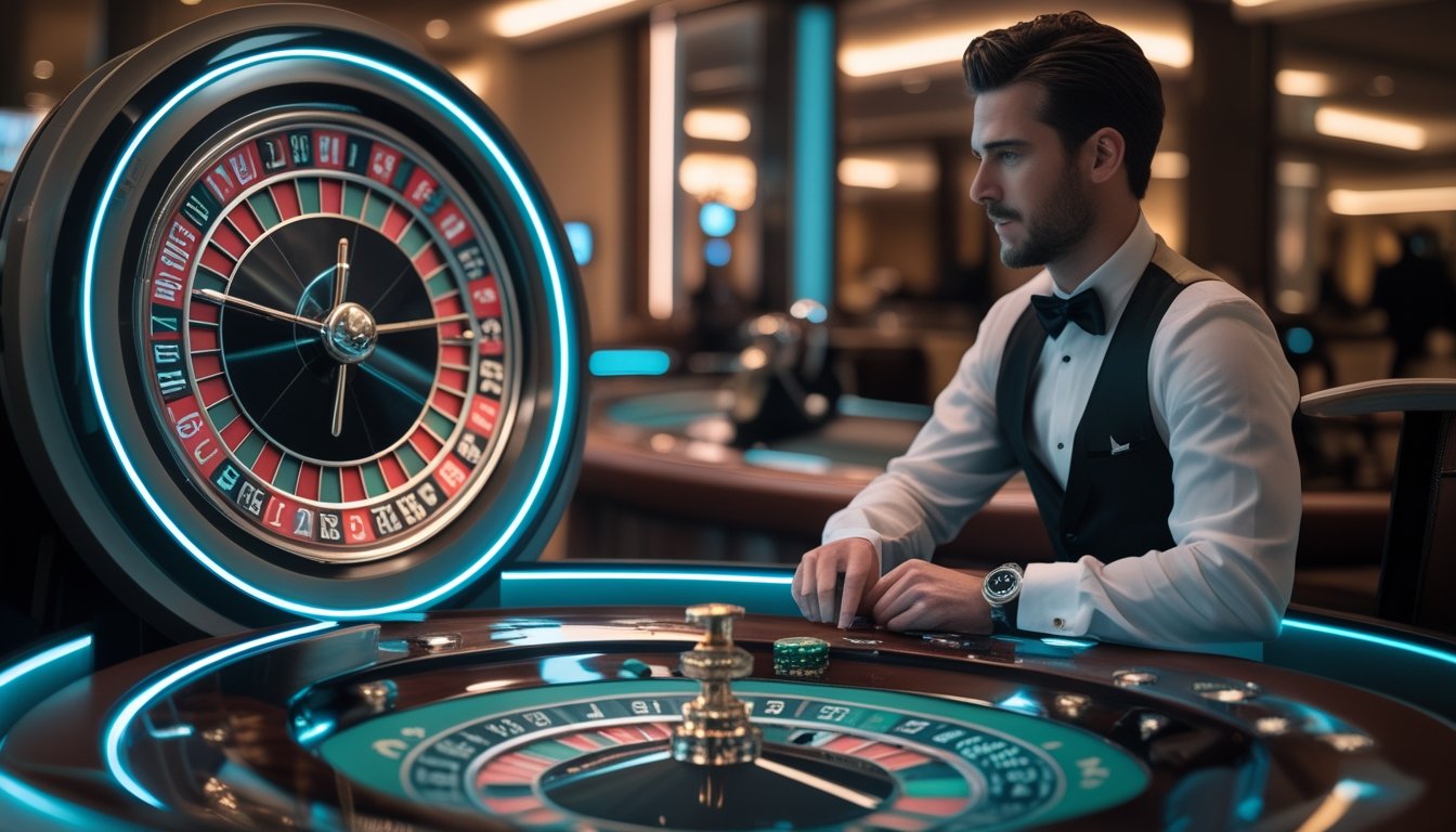 Pemain mengamati roda roulette dengan satu chip ditempatkan pada satu angka di meja kasino.
