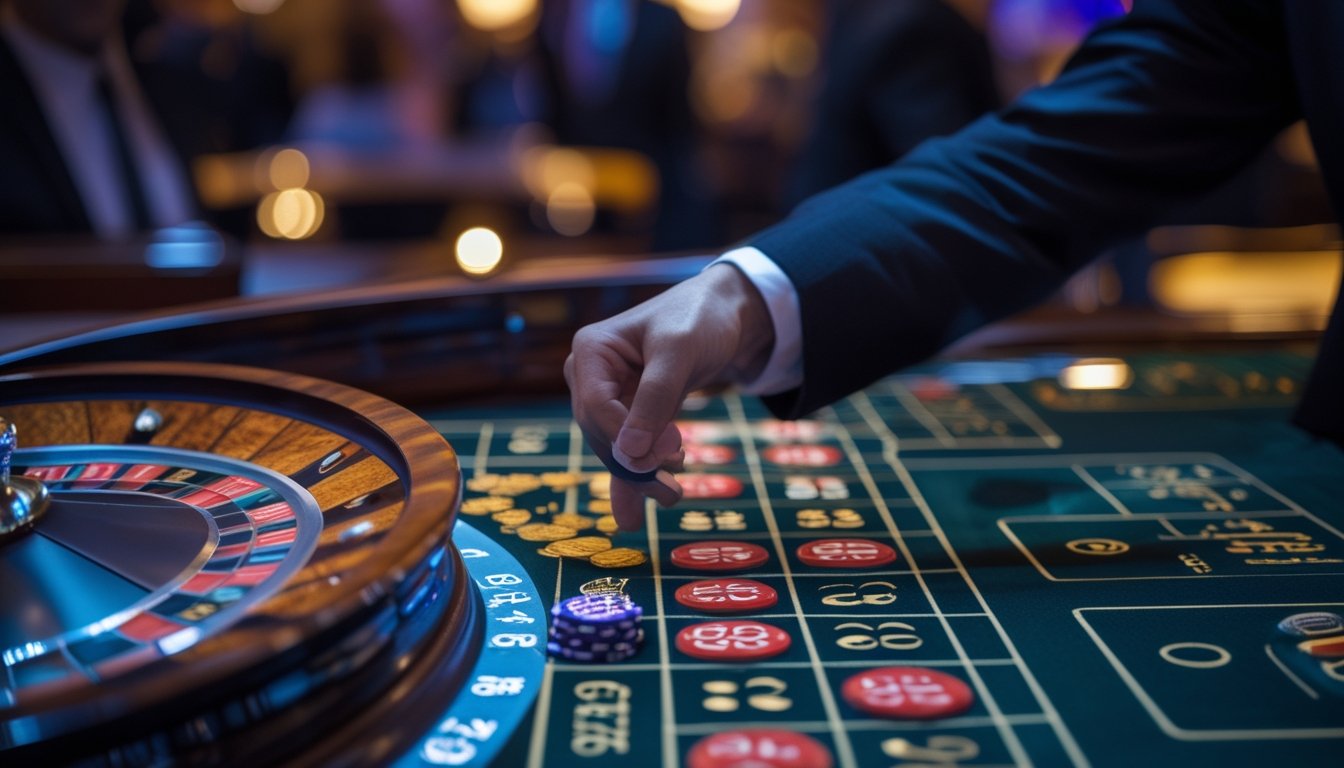 Tangan pemain menempatkan satu keping taruhan pada satu angka di meja roulette dengan roda roulette bercahaya di latar belakang.