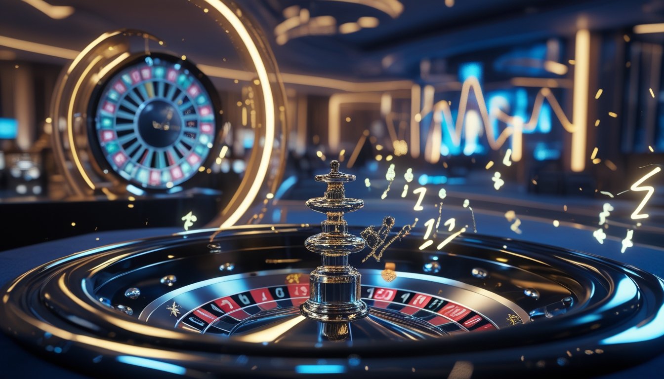 Roda roulette bercahaya dengan efek petir biru dan emas di meja kasino modern.