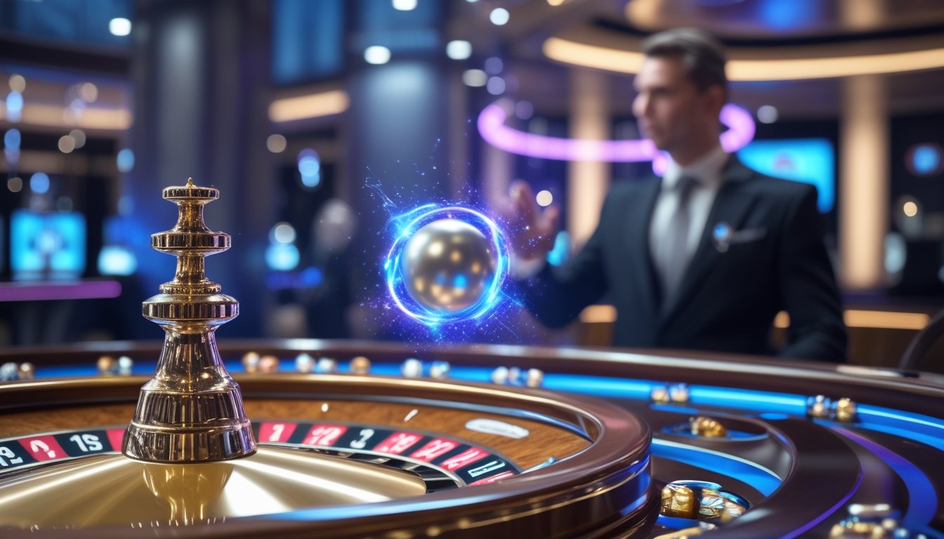 Roda roulette bercahaya sedang berputar di studio kasino modern dengan dealer dan efek cahaya futuristik.