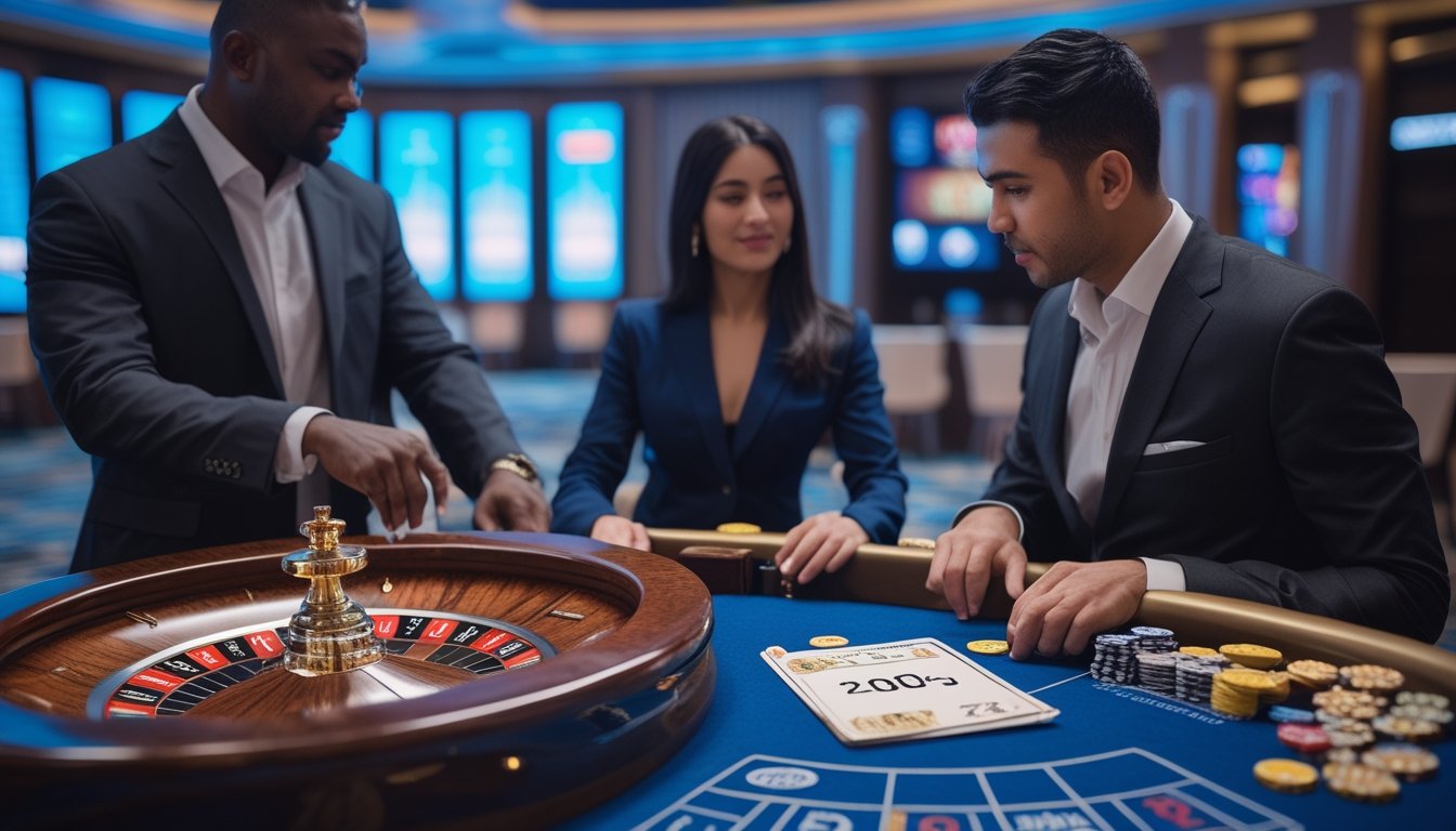 Seorang pemain dewasa mengamati meja roulette bersama dealer di kasino modern.