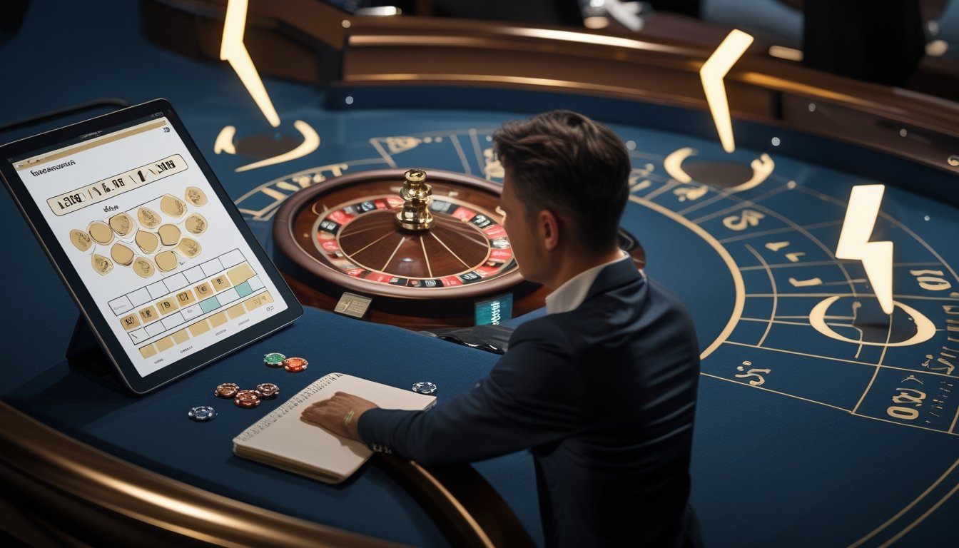 Seorang pemain mengamati roda roulette dengan aksen petir bercahaya di meja kasino modern.