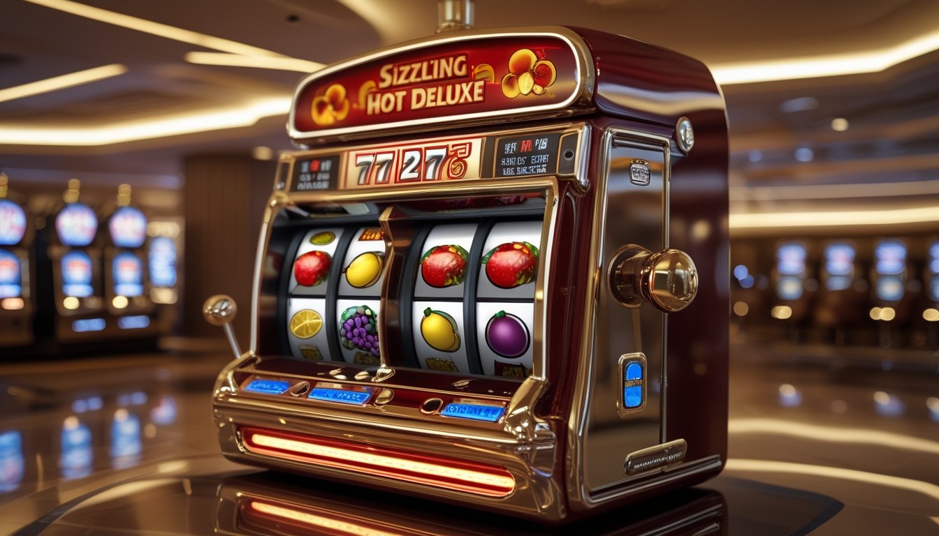 Mesin slot klasik berwarna merah dan emas berada di dalam kasino dengan pencahayaan hangat.