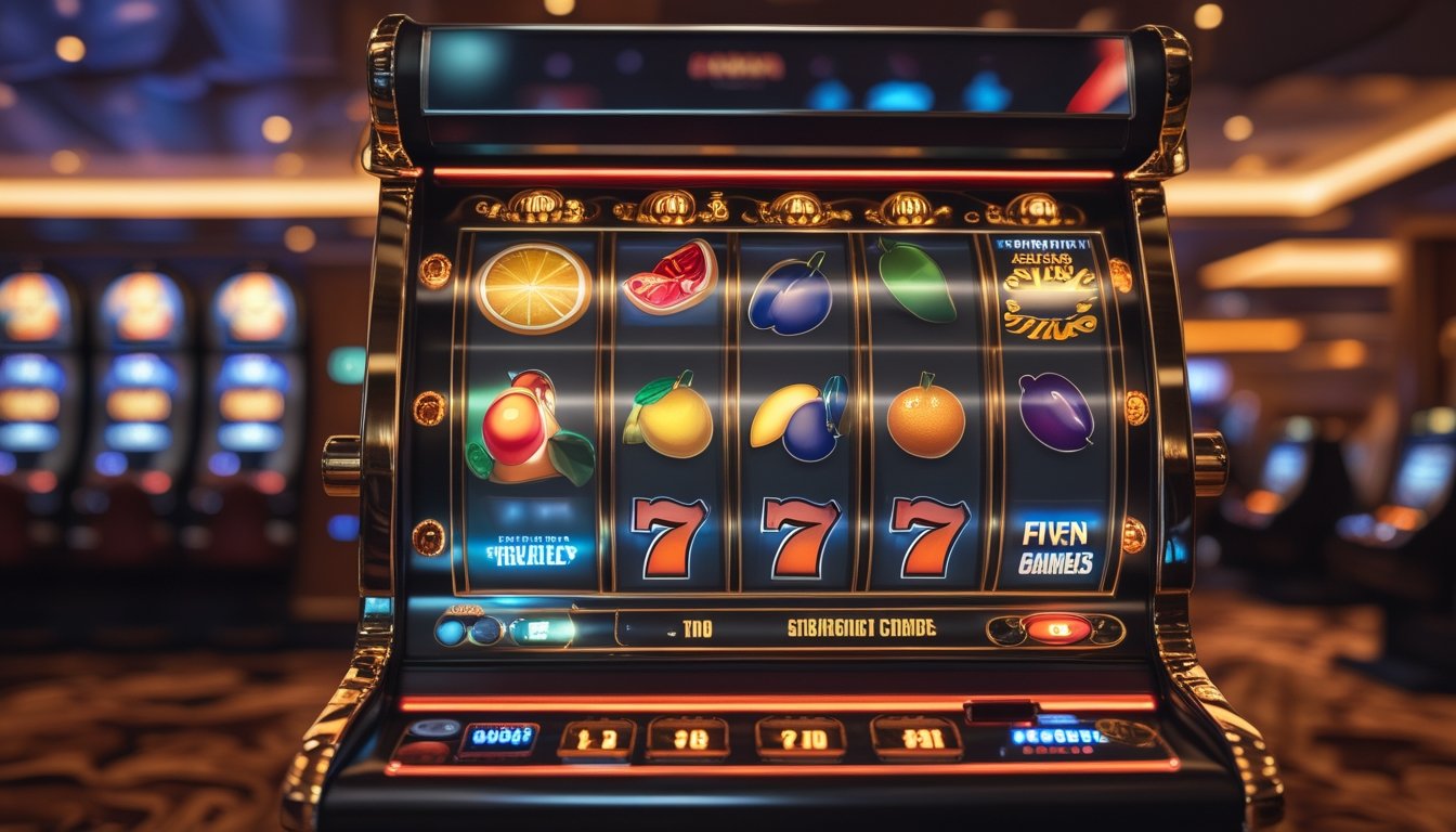 Mesin slot bertema buah dengan simbol ceri, lemon, lonceng, dan angka tujuh di dalam kasino.