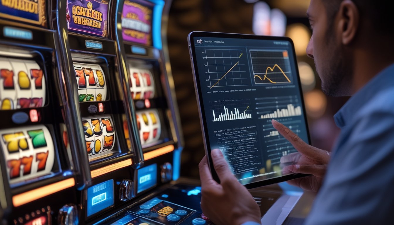 Seorang pemain mengamati mesin slot bertema buah sambil mempelajari pola dan grafik strategi.