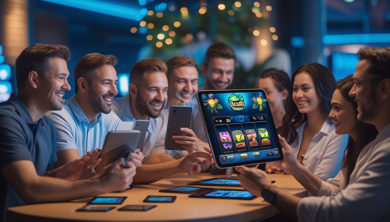 Sekelompok orang dewasa menikmati permainan slot bertema tropis melalui perangkat digital di ruang hiburan modern.
