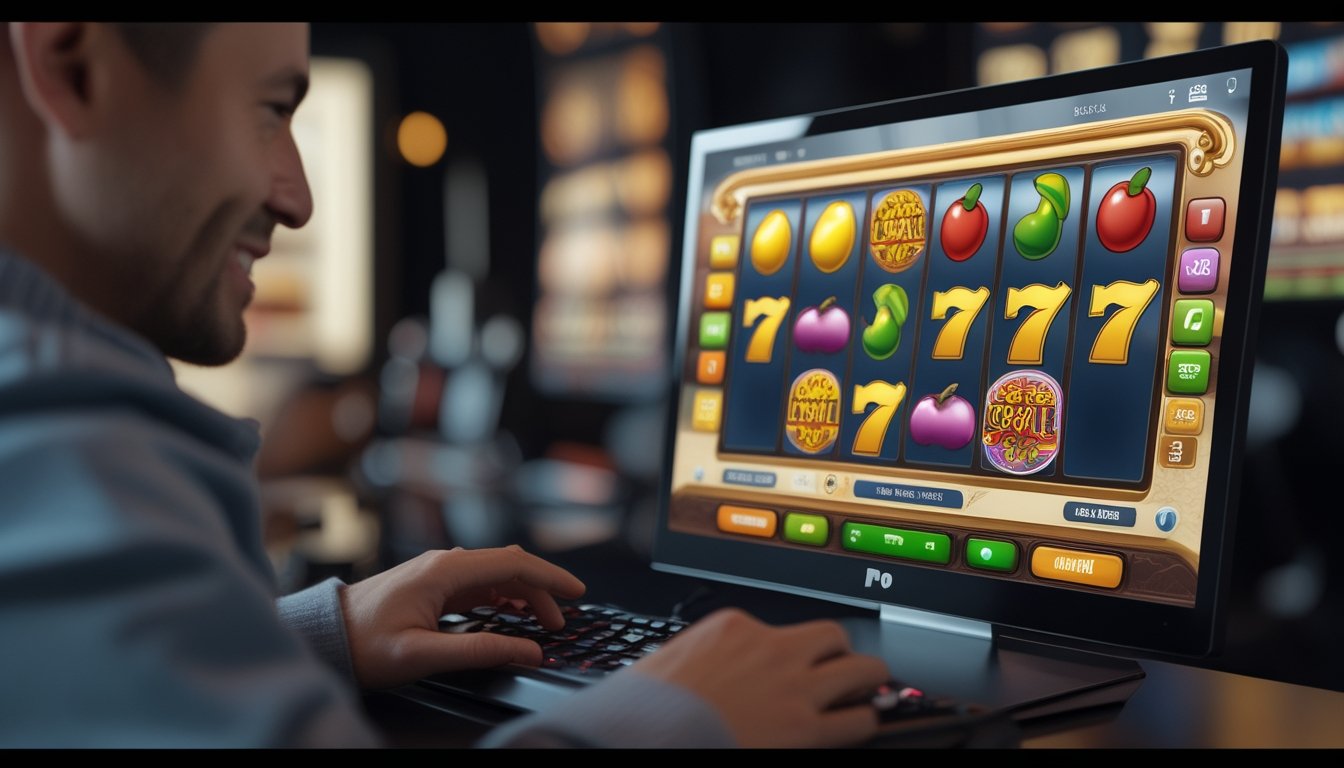 Seorang pemain menikmati permainan slot bertema buah pada layar komputer di lingkungan modern.