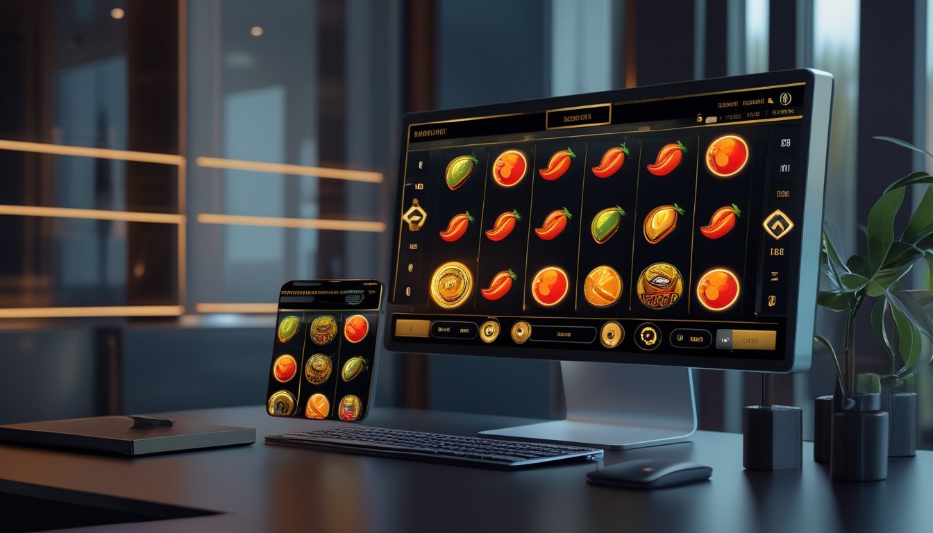 Monitor dan ponsel menampilkan permainan slot bertema cabai dengan ikon keamanan digital di meja modern.