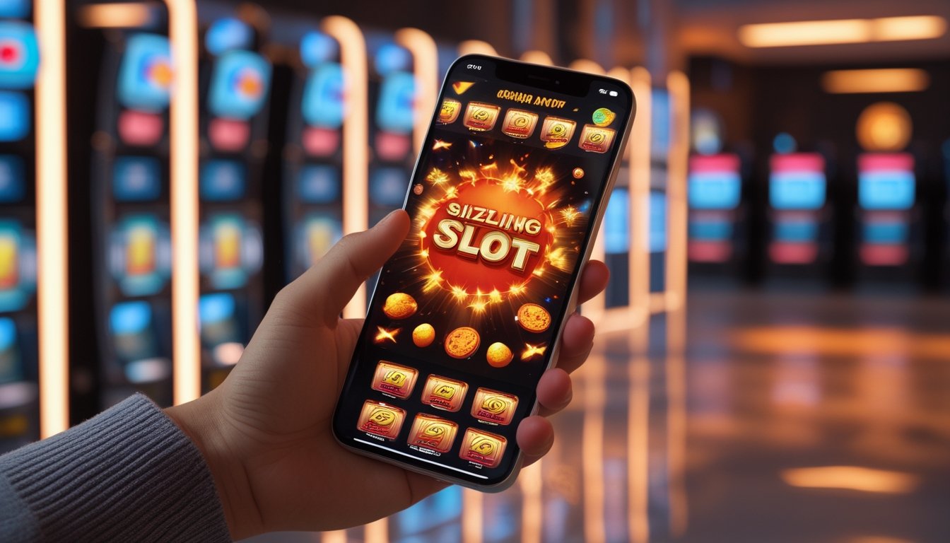 Seseorang memainkan permainan slot berwarna cerah di ponsel dalam suasana modern bercahaya.