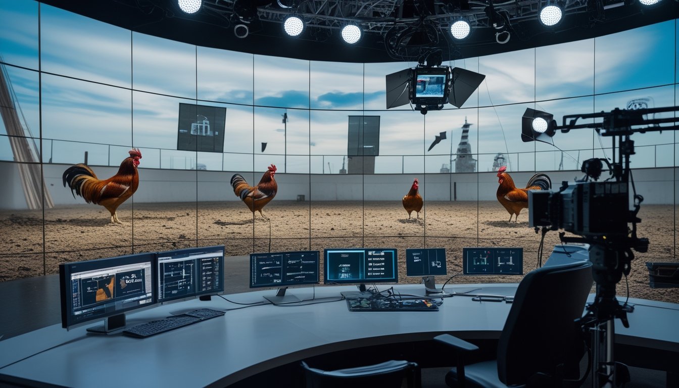 Studio siaran modern menampilkan arena ayam dari kejauhan melalui beberapa layar dan peralatan streaming profesional.