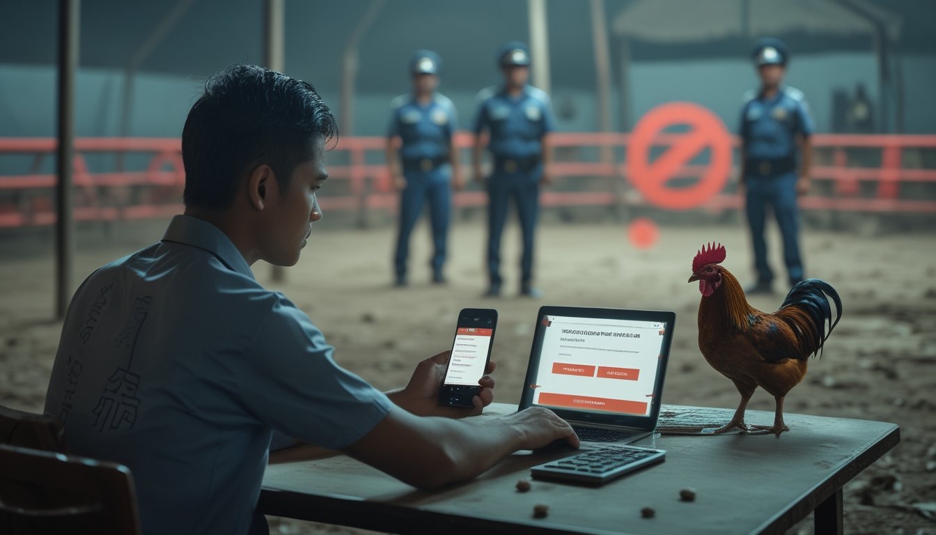 Seorang pemula melihat ponsel di dekat arena sabung ayam yang diawasi petugas, dengan simbol peringatan tentang risiko hukum dan perjudian.