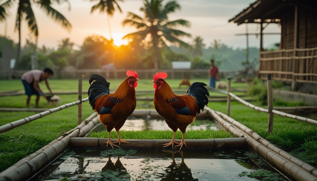 Dua ayam jantan sehat berada di kandang terbuka yang bersih dalam suasana pedesaan tropis.