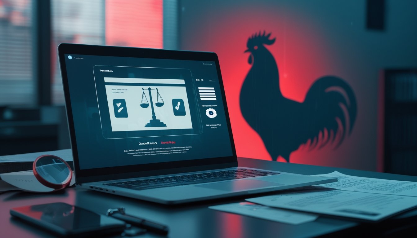 Laptop, ponsel, dokumen hukum, dan simbol peringatan dalam suasana ruang kerja investigatif.
