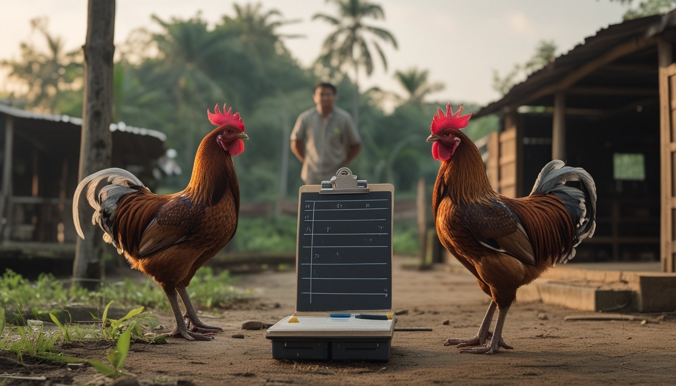 Seorang pengamat menilai kondisi kaki dan postur dua ayam jantan sehat di kandang luar ruangan.