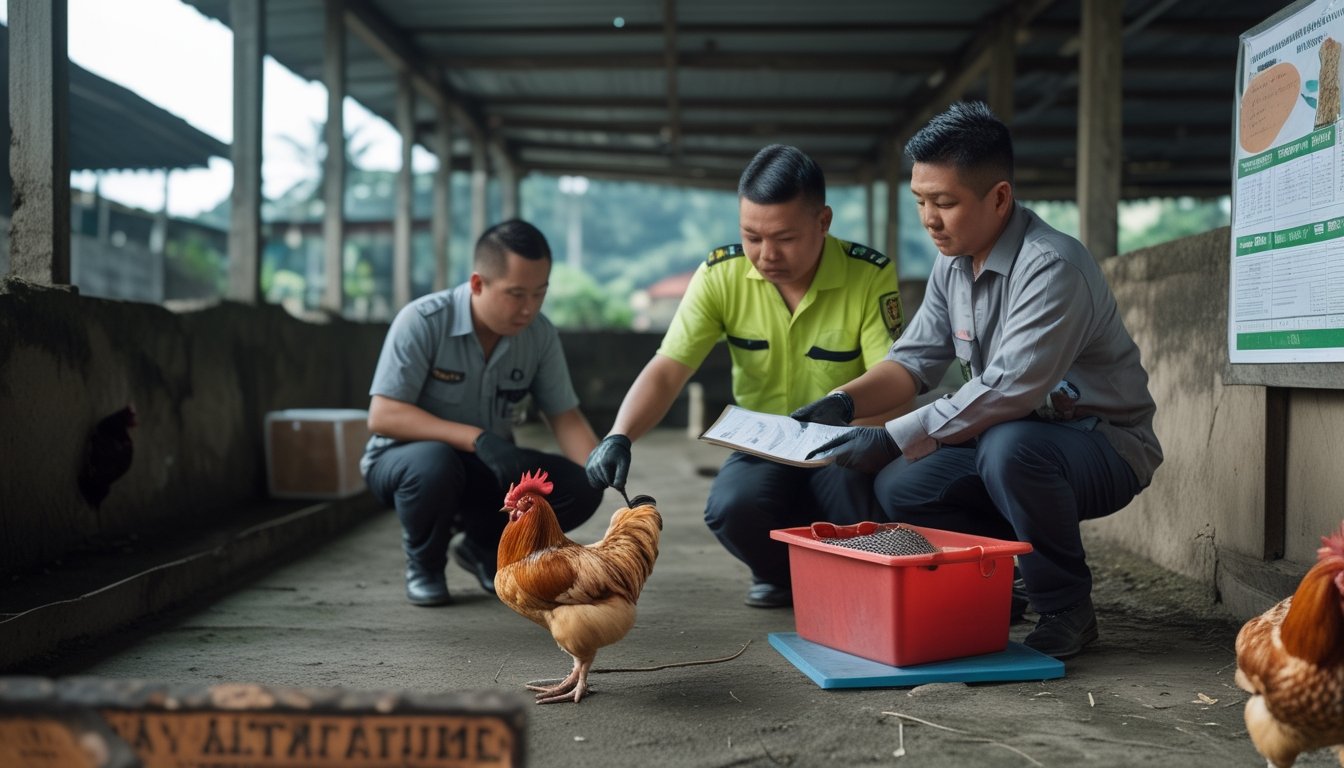 Petugas kesejahteraan hewan dan ahli hukum memeriksa arena sabung ayam yang kosong, sementara seekor ayam dirawat dengan aman.