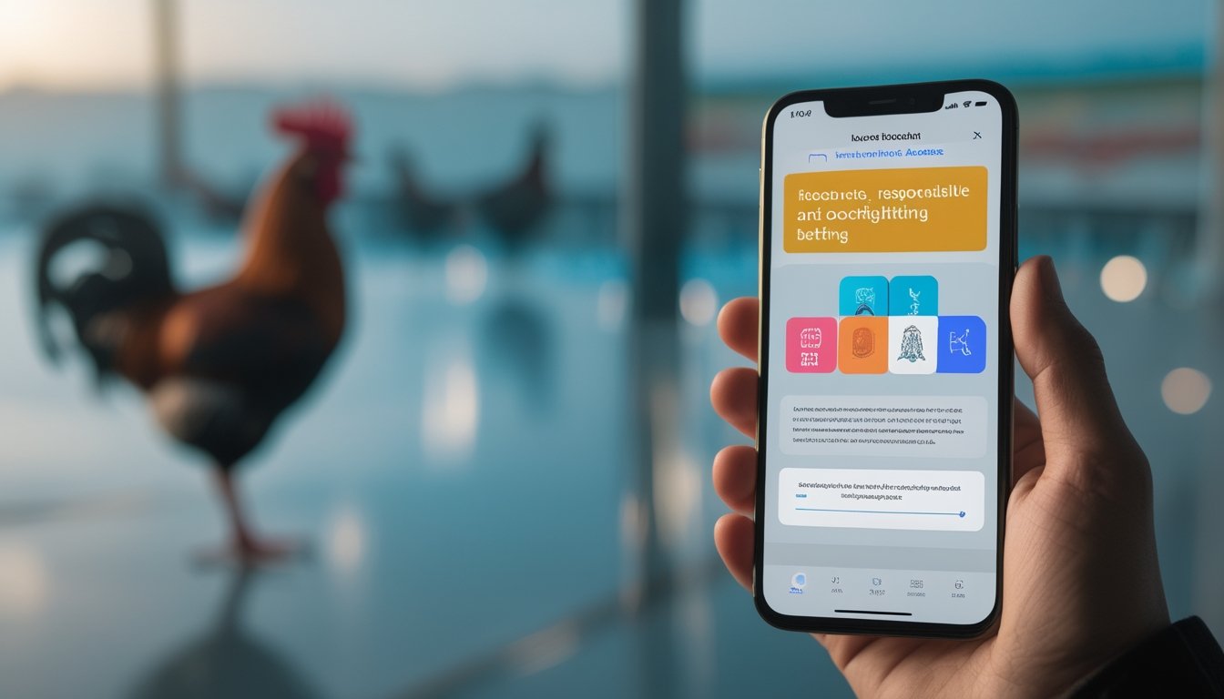 Seseorang memegang ponsel pintar dengan tampilan antarmuka digital yang tidak terbaca dan latar belakang bernuansa budaya ayam.
