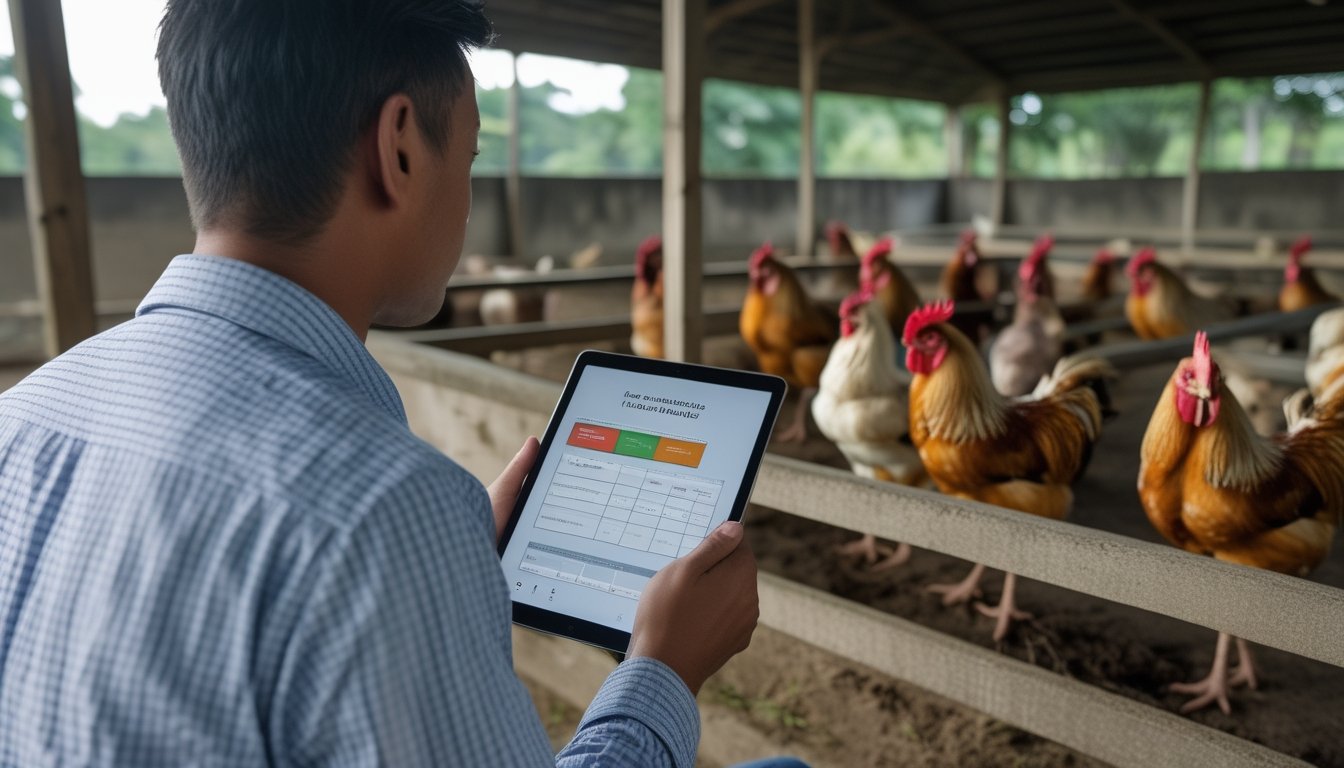 Seorang analis mengamati data performa ayam di dekat arena pedesaan dengan kandang ayam yang tertata rapi.
