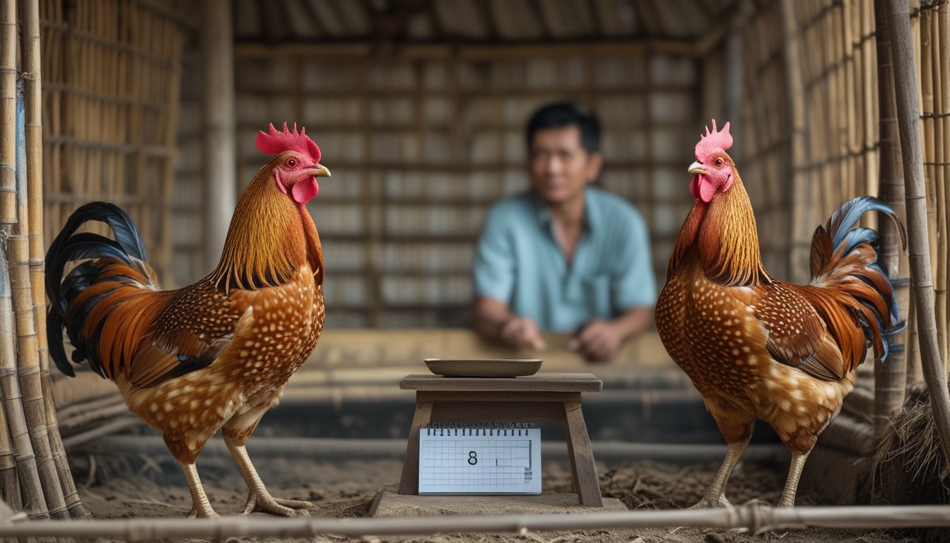 Dua ayam jantan berada di kandang terpisah sementara seorang pengasuh mengawasinya dalam lingkungan pedesaan.