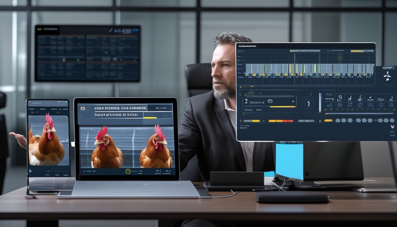Seseorang menggunakan tablet dan laptop modern dengan visualisasi data abstrak, sementara beberapa ayam jantan terlihat di lingkungan peternakan yang bersih.
