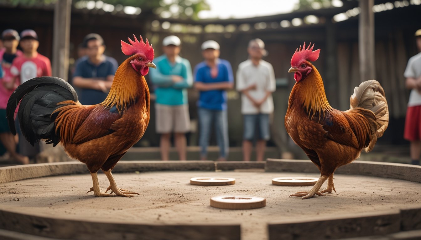 Dua ayam jantan berdiri terpisah di arena sederhana, dengan penonton dewasa mengamati dari latar belakang.