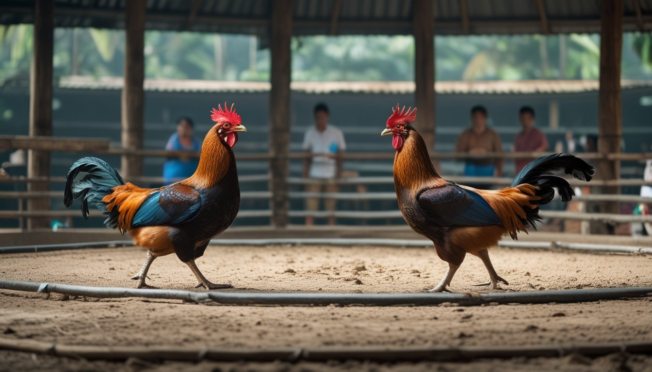 Dua ayam jago berada di sisi berlawanan arena sementara penonton mengamati dari latar belakang.