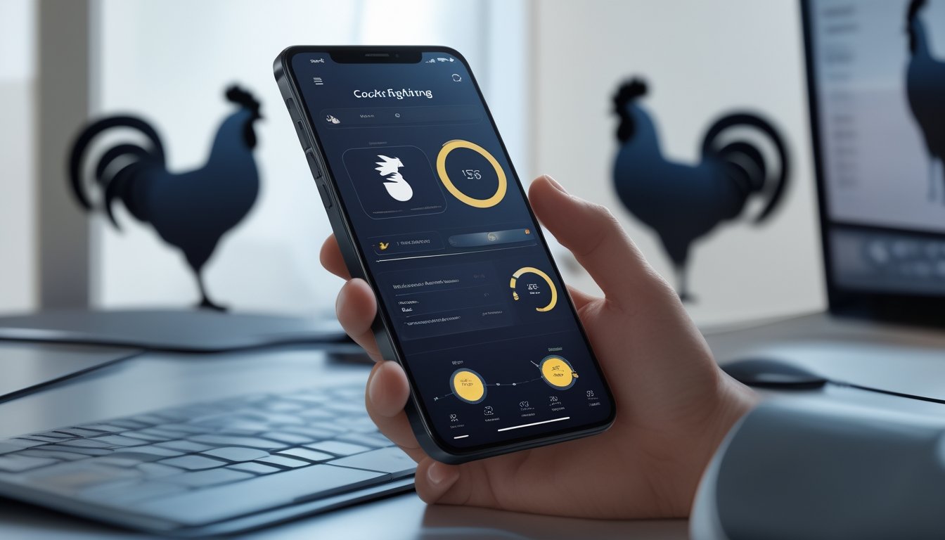 Tangan memegang ponsel dengan tampilan aplikasi pertandingan ayam yang abstrak, berlatar meja modern dan siluet ayam samar.