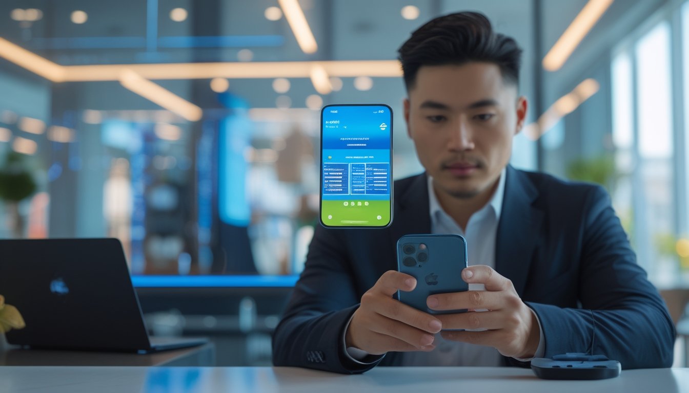 Orang dewasa menggunakan ponsel di ruang modern dengan latar belakang konektivitas digital.