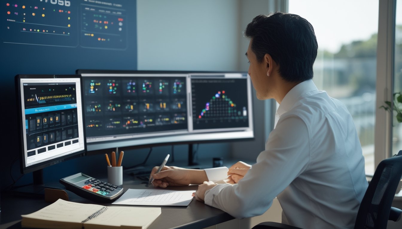 Seorang analis mempelajari grafik probabilitas dan pola angka di meja kerja modern.