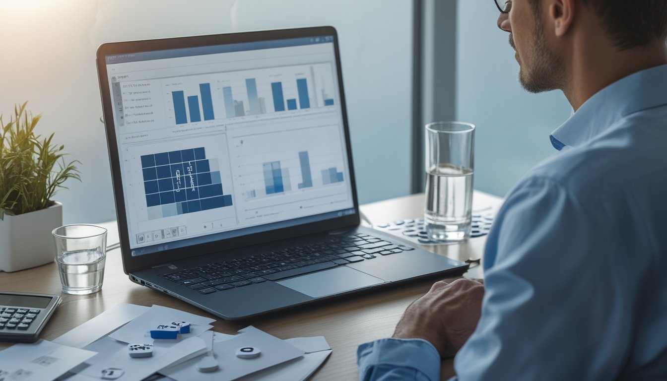 Seorang analis meninjau pola angka abstrak dan grafik probabilitas di meja kerja.
