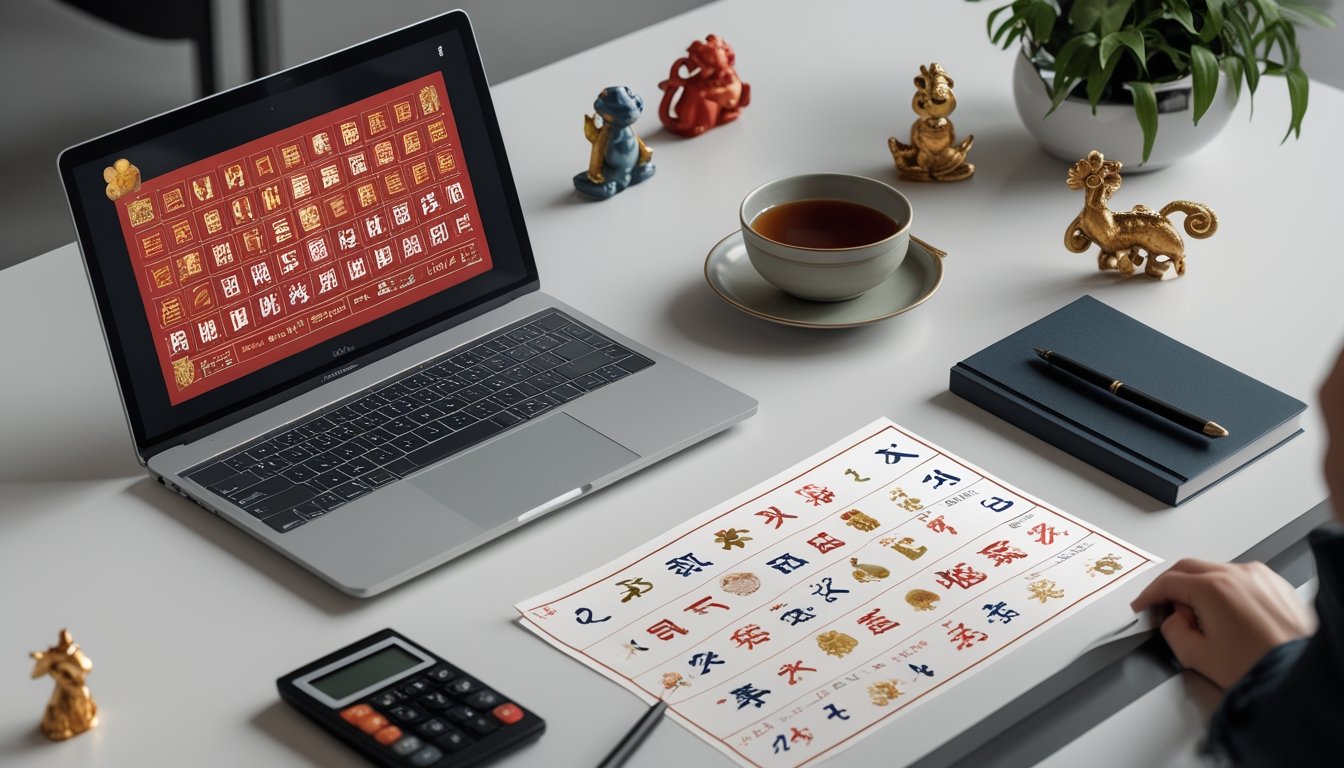 Meja kerja dengan laptop, tabel kosong, simbol zodiak Tionghoa, kalkulator, dan buku catatan.