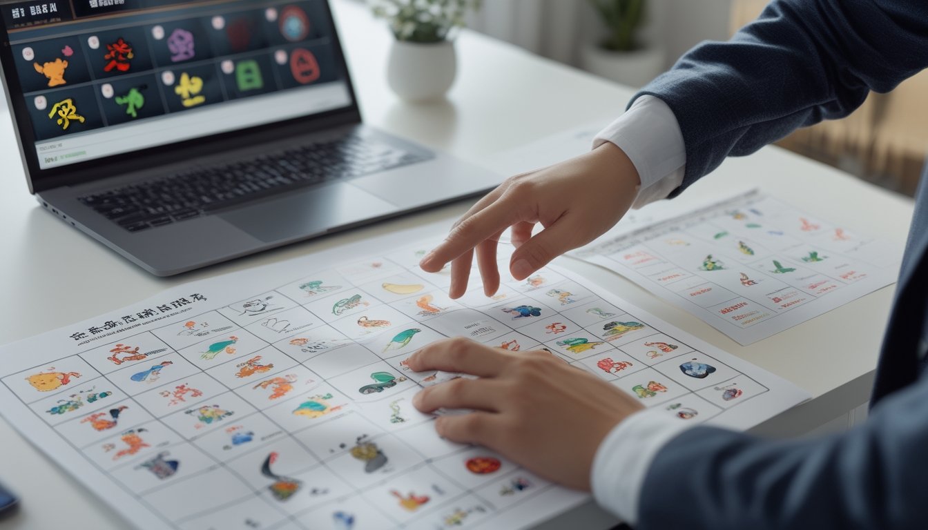 Seseorang mempelajari bagan simbol zodiak Tionghoa di meja kerja dengan laptop dan kertas.