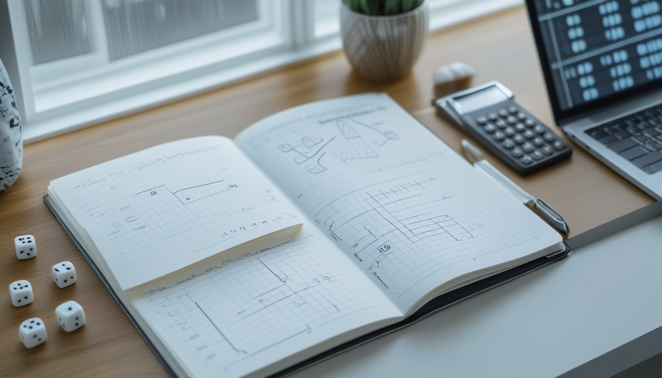 Meja belajar dengan buku berisi diagram probabilitas abstrak, kalkulator, dadu, dan keping angka yang tersusun rapi.