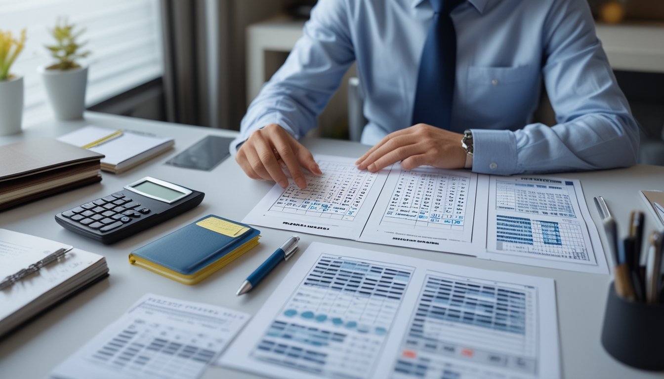 Seseorang mempelajari lembar kerja angka dan grafik di meja kerja yang rapi.