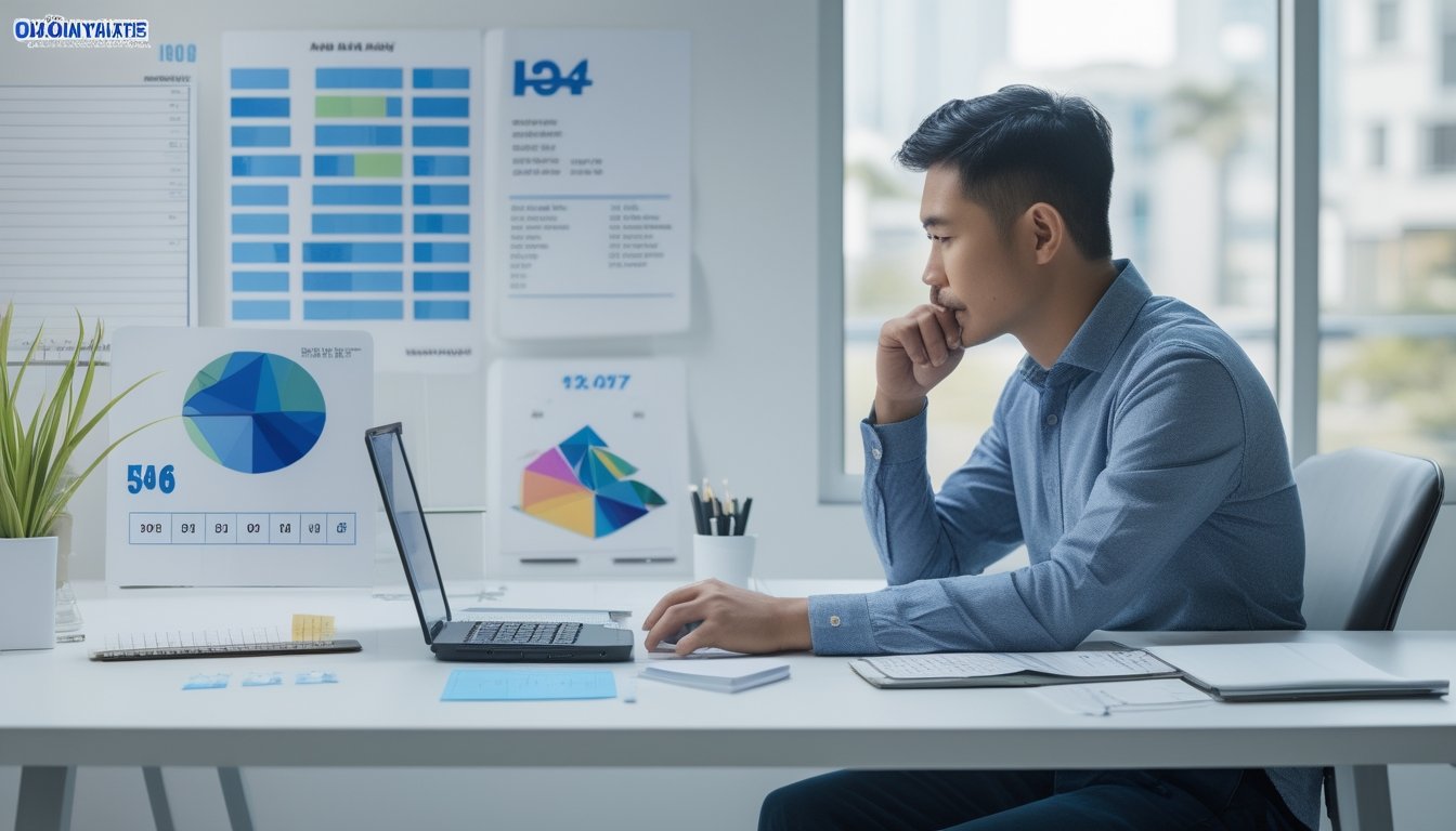 Seorang peneliti menganalisis pola angka dan grafik di meja kerja modern.