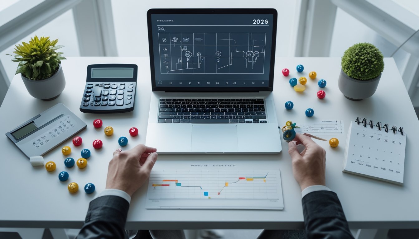 Meja modern dengan token bernomor, bola undian, kalkulator, dan perangkat laptop untuk menggambarkan analisis probabilitas.