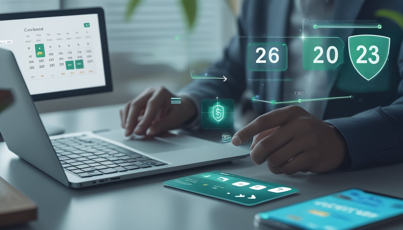 Seseorang menggunakan laptop dan ponsel untuk menyelesaikan transaksi digital yang cepat dan aman di ruang kerja modern.