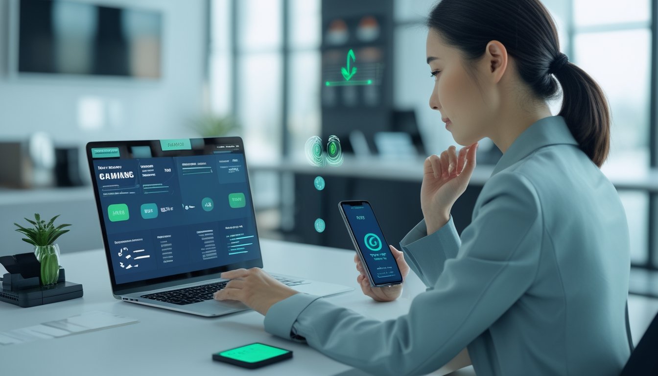 Seorang profesional memeriksa laptop dan ponsel dengan tampilan transaksi digital yang aman dan cepat di ruang kerja modern.