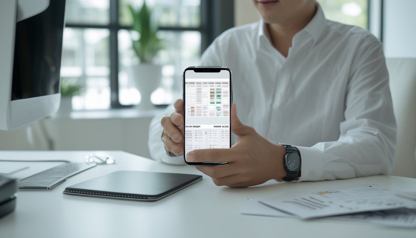 Seseorang menggunakan ponsel di meja kerja untuk melihat panduan permainan digital.