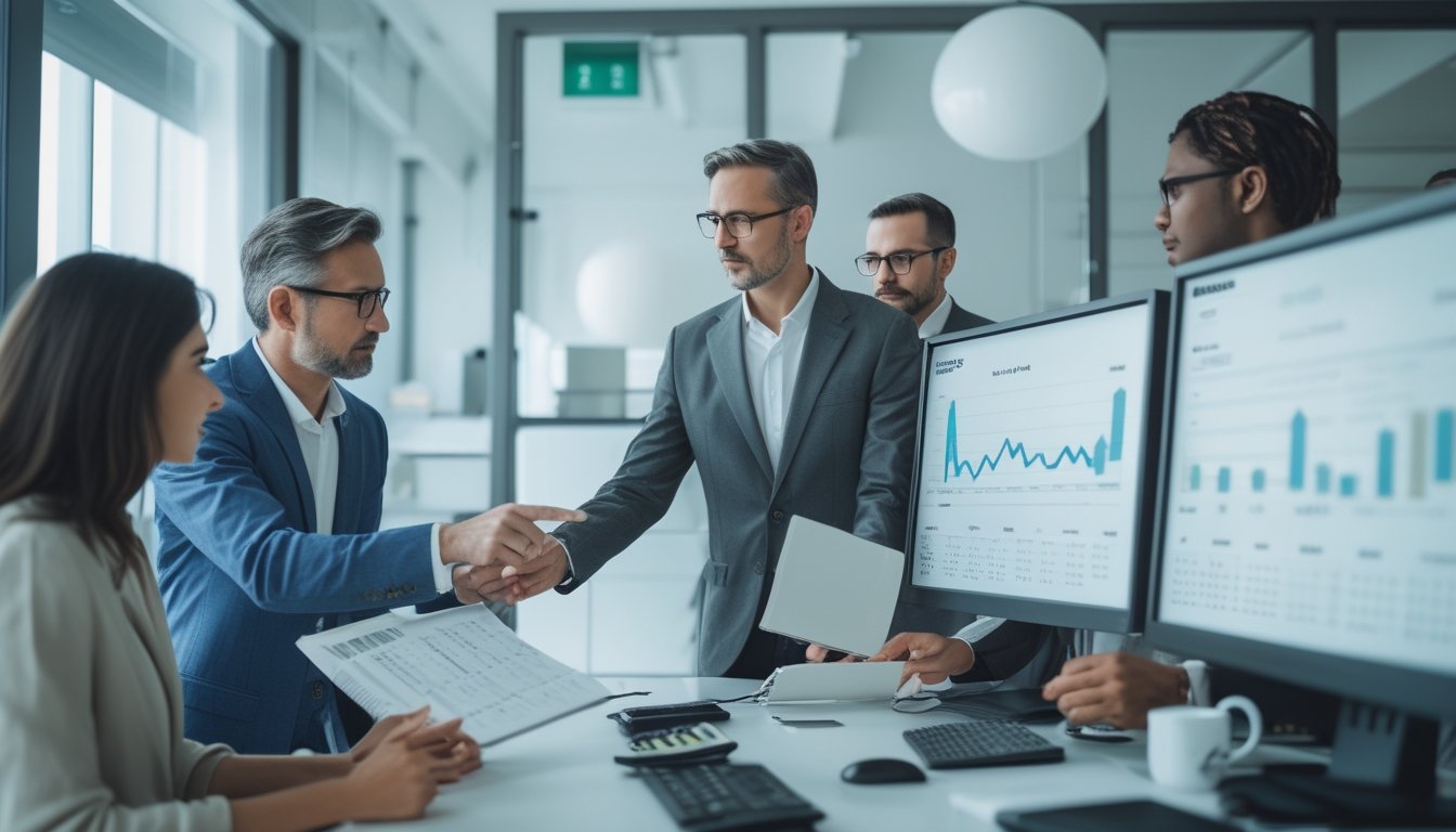 Analis dewasa meninjau grafik tren kemenangan dan perkembangan bulanan di kantor modern.