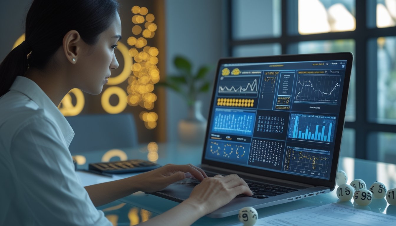 Seorang analis mempelajari grafik dan angka abstrak di laptop dengan kalkulator, catatan, serta bola bernomor di atas meja.