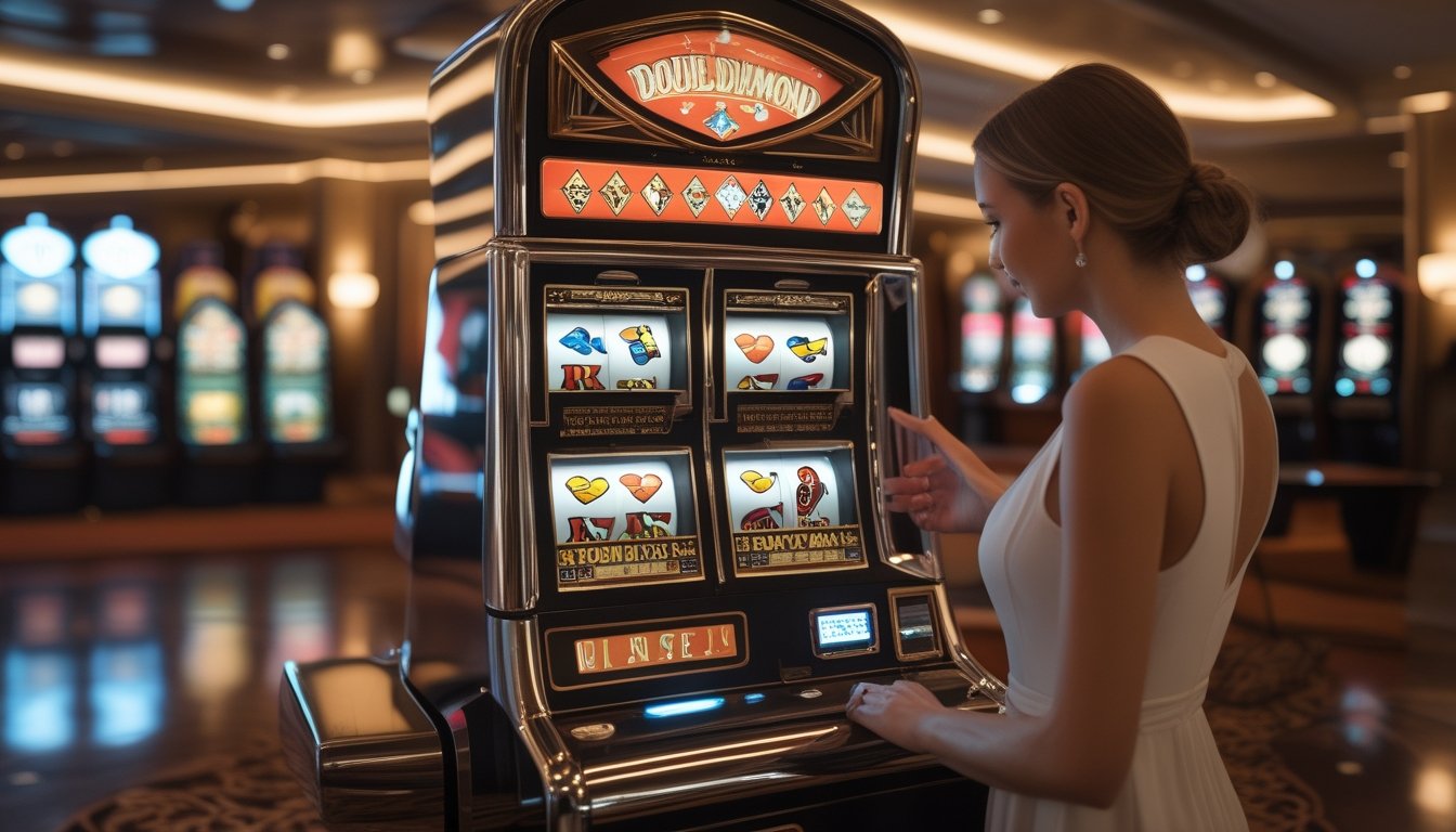 Mesin slot klasik Double Diamond dengan tiga gulungan berada di dalam kasino modern, sementara seorang pemain menggunakannya.